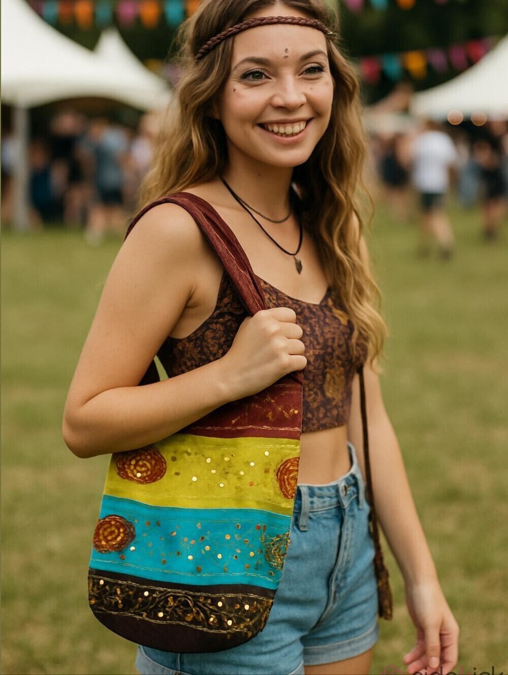Embroidered Boho Bucket Bag Blue Green Sequin Festival Purse Long Strap Beach